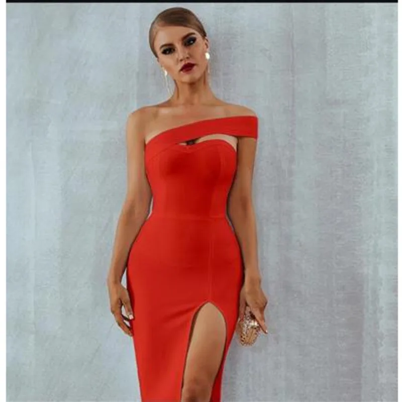 

2020 Summer Bandage Dress Lady Sexy Elegant Black One Shoulder Midi Celebrity Runway Dress
