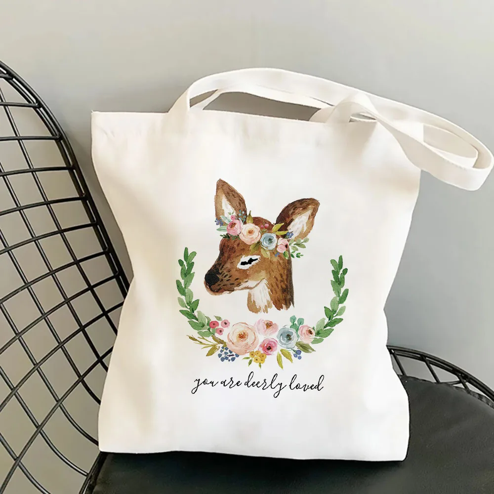 

Kawaii Cute Animal Deerlet Bouquet Blooming Flower Printed Tote Bag Pretty Fashion Travel Valise Storage Bag Handbag Package
