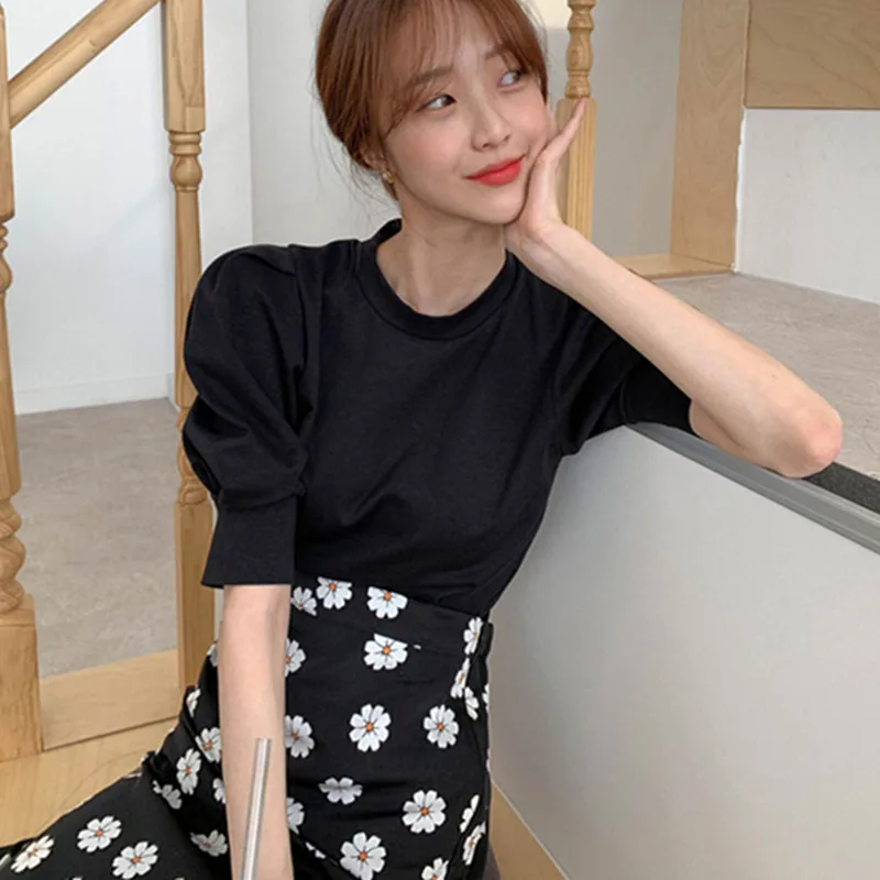 

Elegant Vintage Puff Sleeve O Neck Tshirt Women Sweet Korean Summer Tops T Shirt