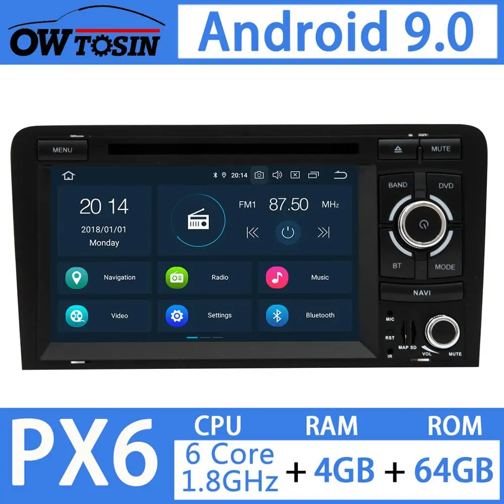 Автомобильный мультимедийный DVD-плеер 7 дюймов Android 9 0 PX6 4 Гб + 64 ГБ для Audi A3 S3 8P 2006-2012