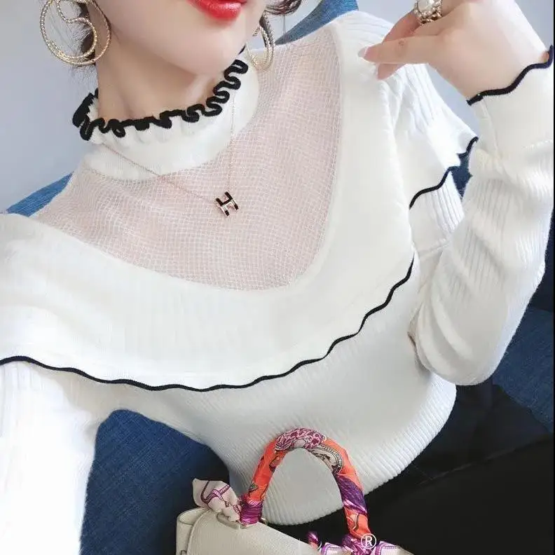 

Flounce cut-out sweater women's winter 2020 new fashion stitching knitted base shirt slim temperament top