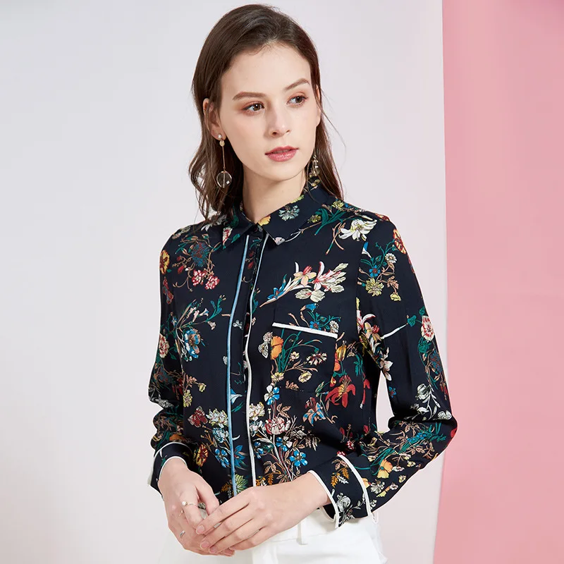 women tops and blouses navy silk crepe floral high quality OL 2020 summer office shirts long sleeve casual sexy plus size