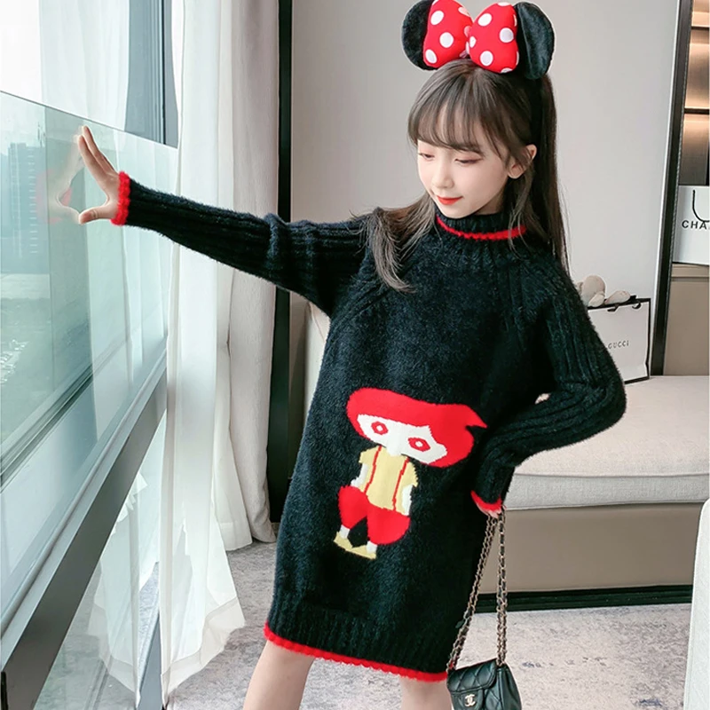 

От 3 до 12 лет для девочек; Сезон осень-зима; Длинный свитер из норки; Платье; Модная Милая водолазка; Толстый вязаный осенний свитер; Одежда дл...