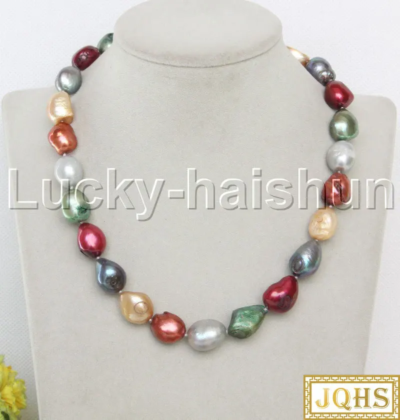 

JQHS 17" 16mm Baroque Multicolor Green Gray Wine Red Potato Pearls Necklace 18KGP Clasp J13103