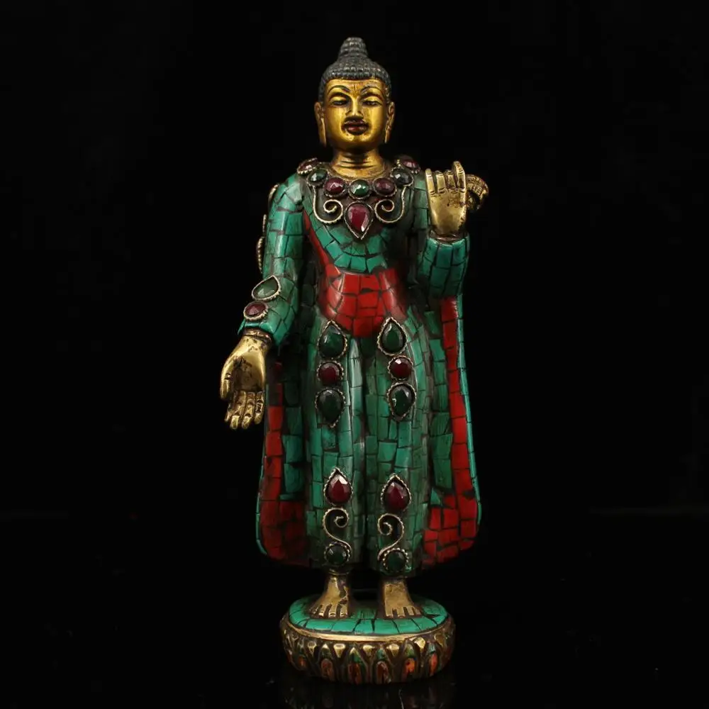 

wedding decoration Nepalese monastery collects old copper hand-made inlaid gemstones painted gold station of Buddha Shakyamuni