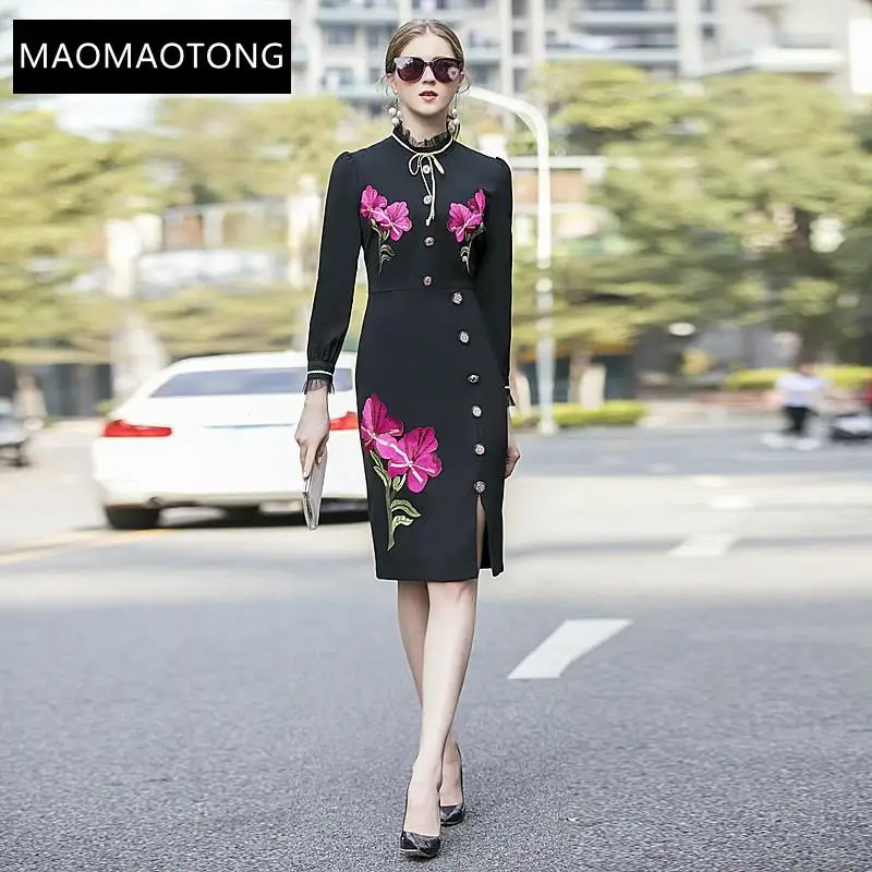 

Fashion Designer Dress Spring Autumn Women's Dress Stand Collar Long Sleeve Florals Embroidery Package Buttocks Dresses