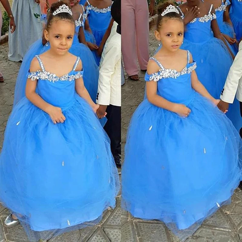 

Blue Dresses For Girl Shiny Crystals Charming Fashion Tulle Fluffy Little Girl Birthday Party Girls Pageant Holy Communion Dress