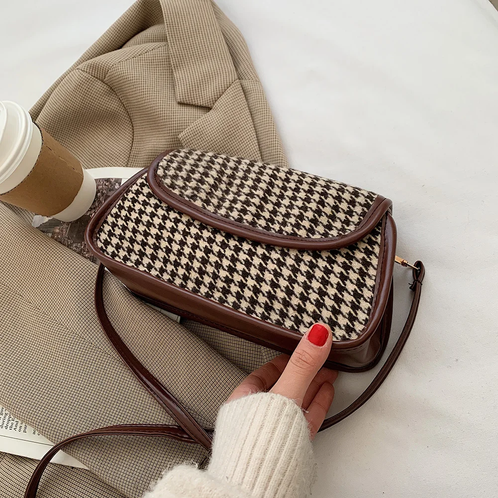 

Fashion Shoulder Messenger Bag Houndstooth Bags Plaid Pattern PU Leather Casual Retro Handbags Totes Bags Clutch Bag