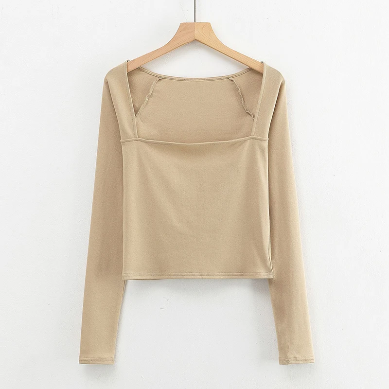 

Женская футболка с квадратным вырезом FA, однотонная хлопковая Приталенная футболка с длинным рукавом в японском стиле, весна 2021