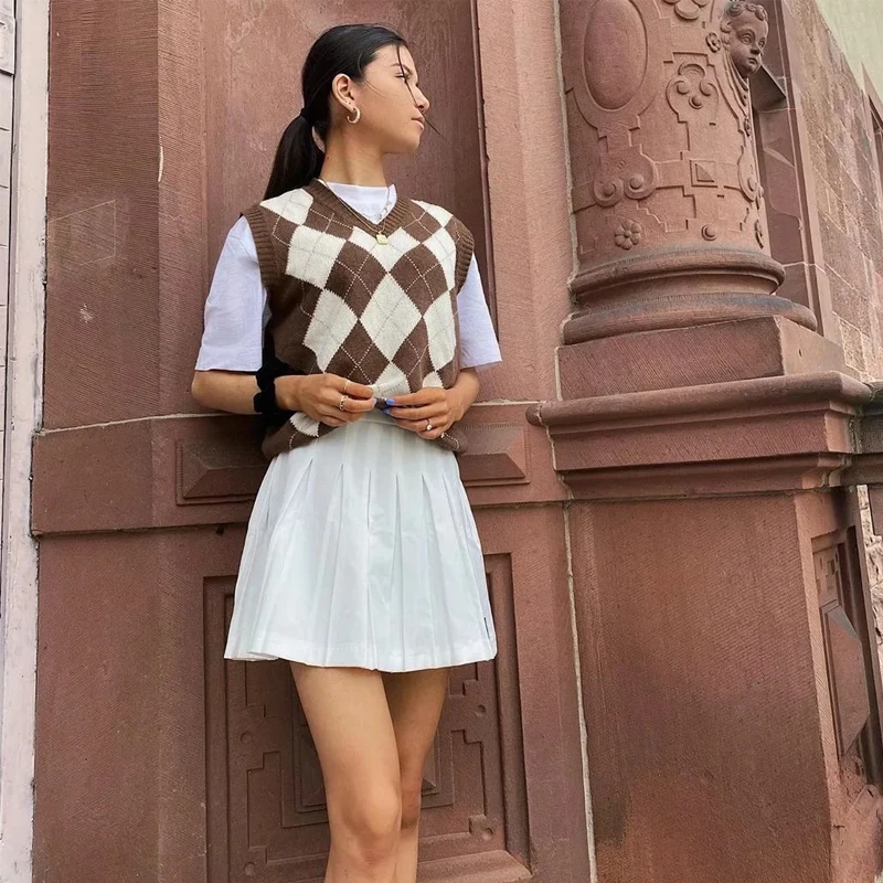 

DropShopping Casual Plaid Sleeveless Sweater Vest Women Plaid Y2K Argyle Sleeveless Knitted Pullover Ladies Vintage Preppy Style