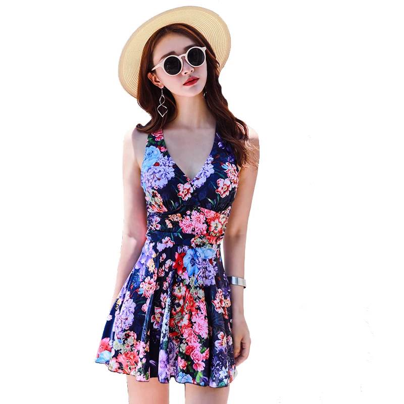 Женский слитный купальник-монокини с V-образным вырезом эффектом пуш-ап юбкой и