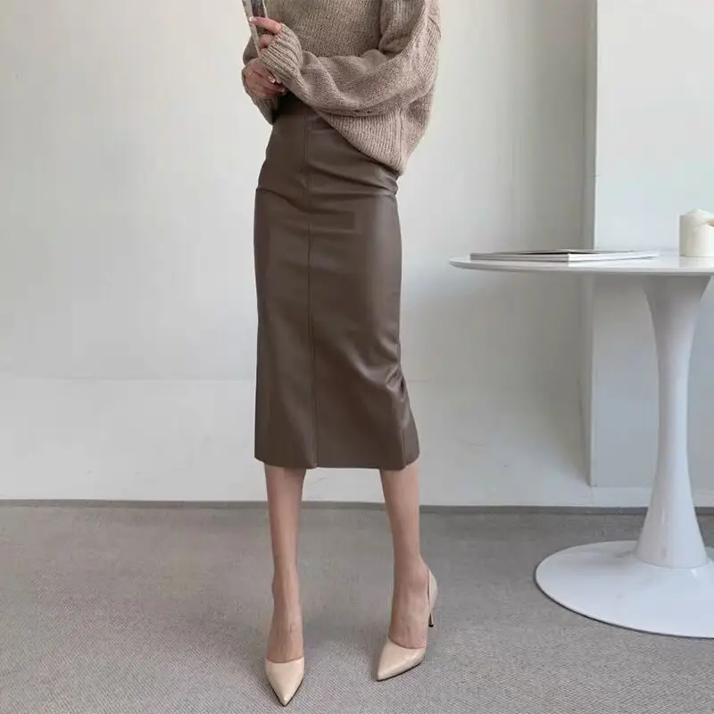 

High Waist Women PU Faux Leather Back Split Skirts Elegant Autumn Winter Stylish Pencil Casual Ladies Mid Female Skirt 2021 S141