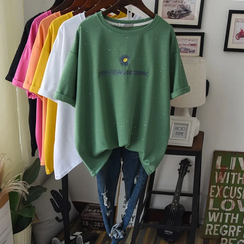 Хлопковая футболка с цветочной вышивкой коротким рукавом лето 2020 уличная одежда