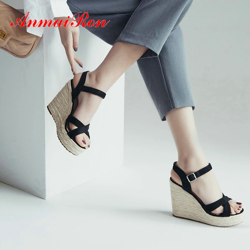 

ANMAIRON Flock Casual Buckle Strap Women Shoes Fisherman Platform Sandals Fashion Wedges Shoes for Women High Heel Sandals 34-43