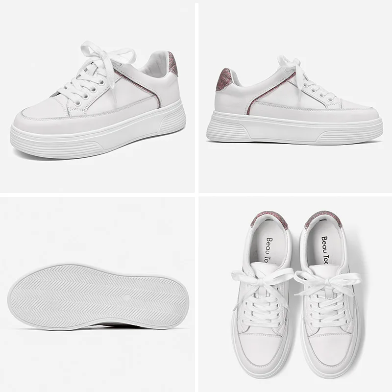 

BeauToday Platform Sneakers Women Genuine Cow Leather White Shoes Lace Up Round Toe Bling Glett Casual Lady Flats Handmade 29125