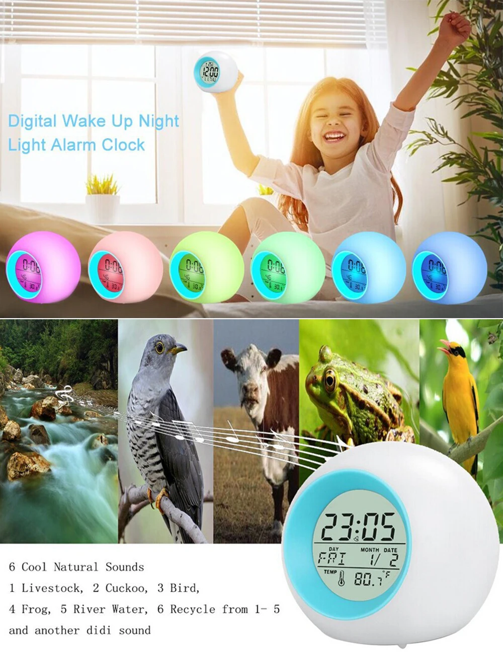 Светодиодный светильник с будильником цифровые часы термометр 7 цветов