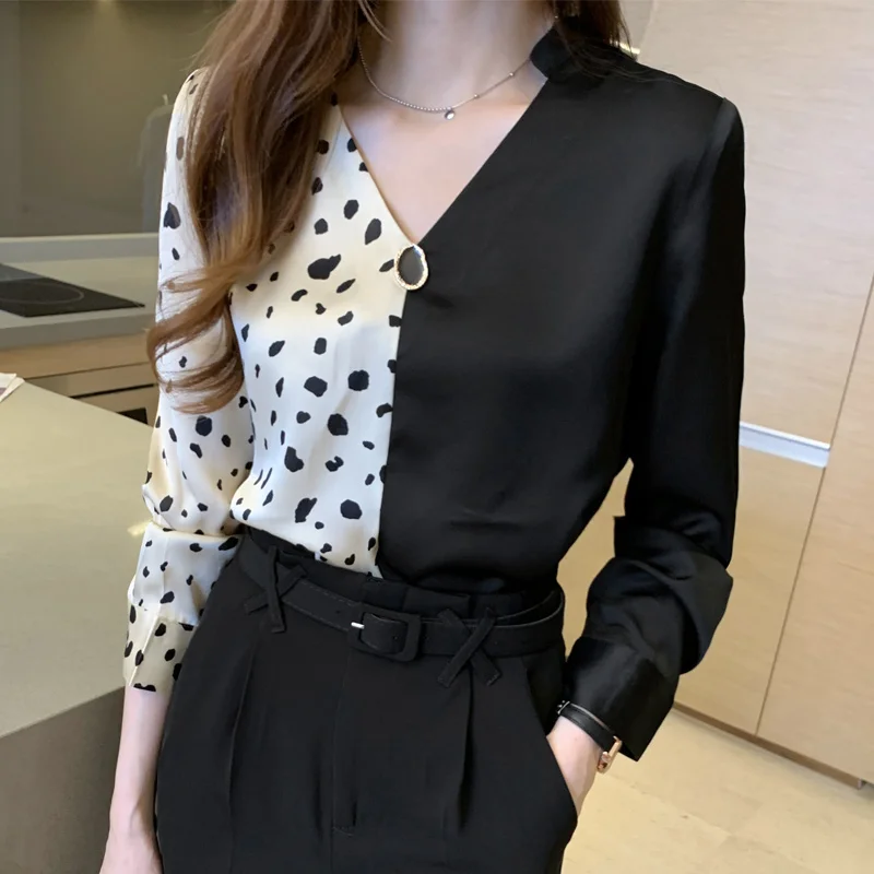 

Women Shirts Blouses Chiffon V-neck Sexy Shirt Asymmetrical Print Vintage Top Button Up Long Sleeve Blouse Basic OL Ladies Tops