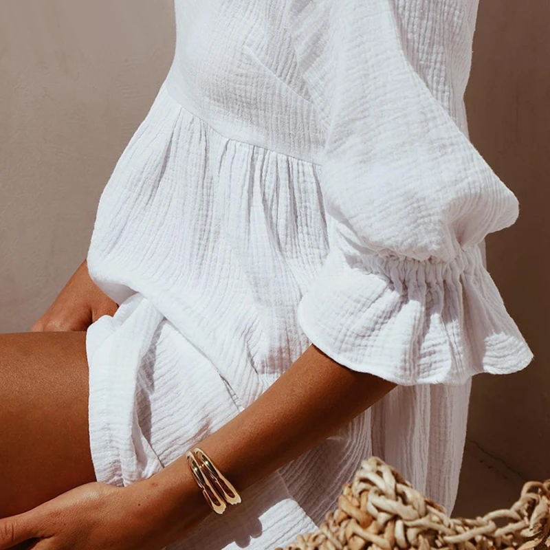 

2021 Women Mini Dress Casual Stand Collar Ruffles Half Sleeve Elastic Breathable Loose Streetwear Outfits Elegant Solid Dress