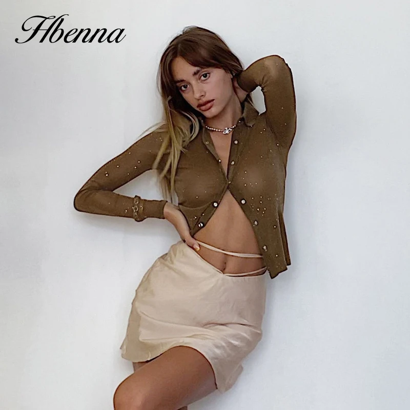 

Hbenna Transparent T-Shirts Women Brown Long Sleeve Turn-down Collar Button Mesh Casual Sexy Top See-through Cardigan Top Summer