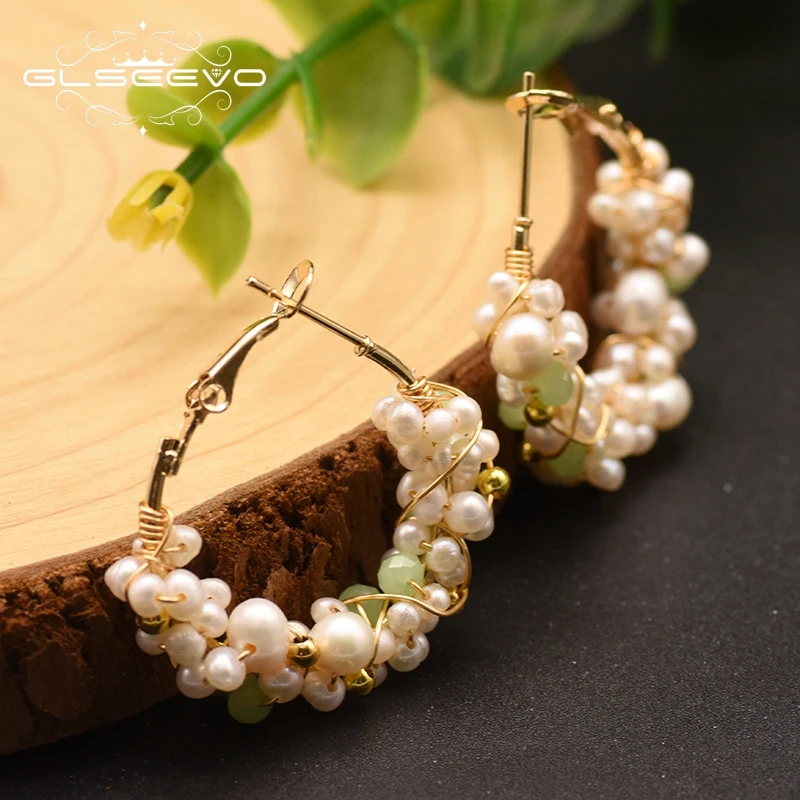 Женские серьги кольца ручной работы GLSEEVO из натурального пресноводного жемчуга с