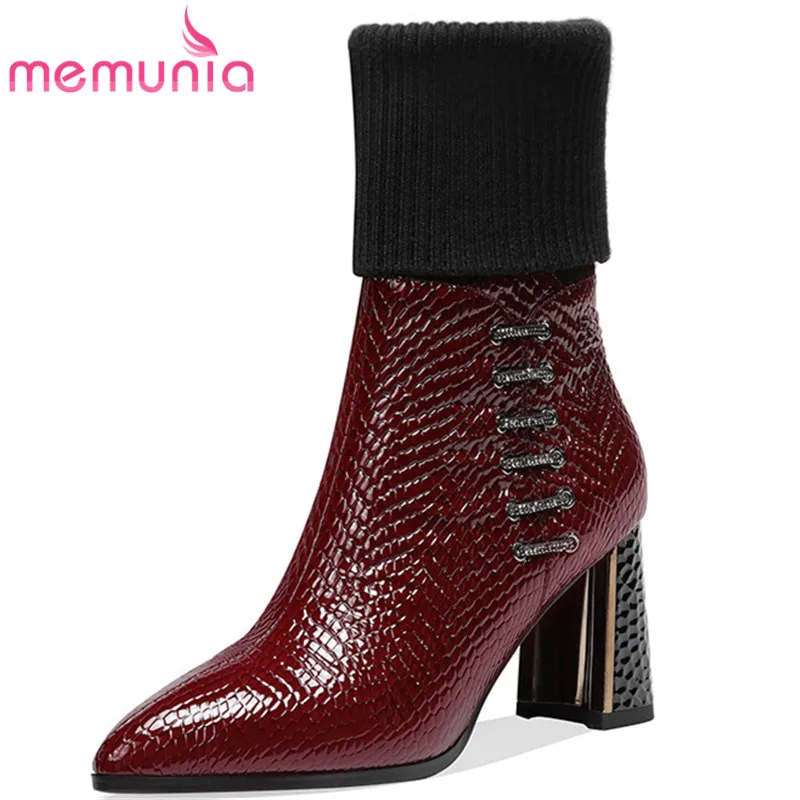 

MEMUNIA/большие размеры 34-42; Ботильоны; Женские сапоги из натуральной кожи и стрейчевой вязки на высоком каблуке; Элегантные вечерние женские м...