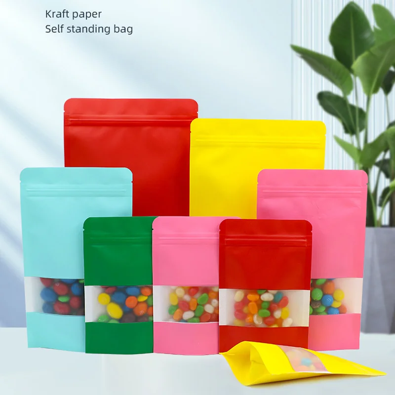 

1000Pcs Resealable Colorful Kraft Paper Window Bag Stand up Coffee Chocolate Snack Oilproof Ziplock Heat Sealing Packing Pouches