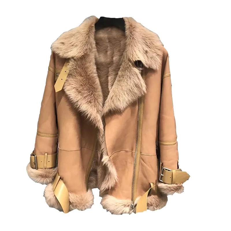 

Khaki Motorcycle Short Jacket Outerwear 2021 Winter Women's Streetwear Tuscan Lamb Fur Winter Jacket Thick Warm Real Fur Coat