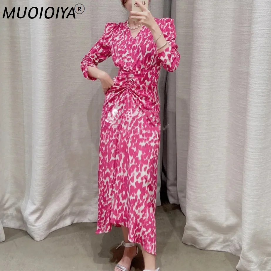 

Women V-Neck Silk Pleated Midi Dress 2021 Summer Autumn Long Sleeve Ladies Elastic Waist Shirring Slim Long Dresses Robe