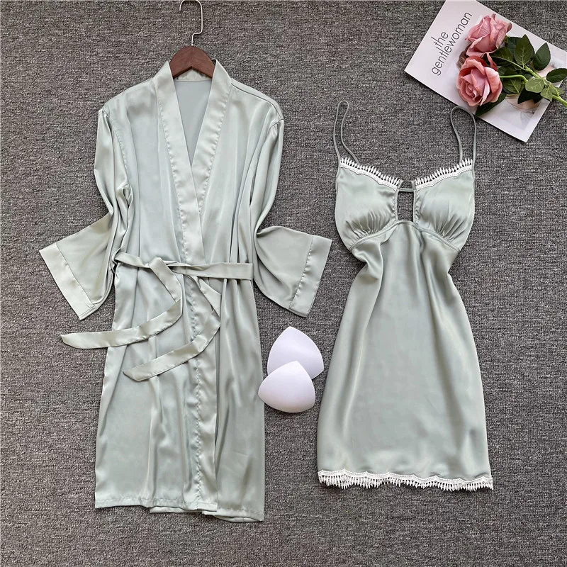 

Women Nightgow Spring Summer Satin Kimono Bathrobe Gown Bride Bridesmaid Wedding Robe Set Loose Silky Home Clothes Nightdress