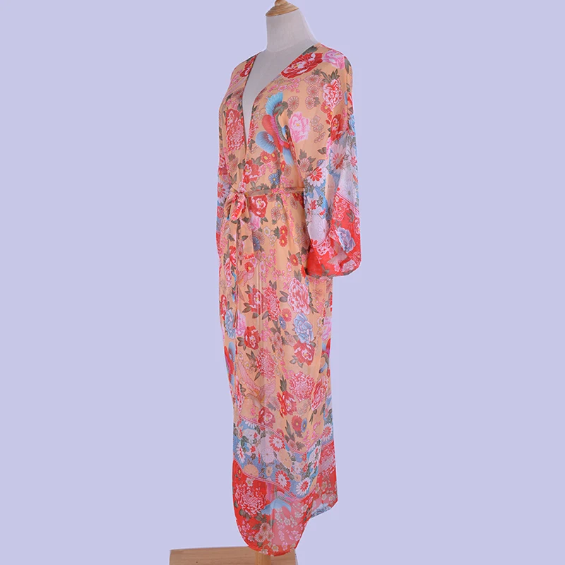Женское шифоновое платье-кардиган Boho повседневное красное пляжное с цветочным