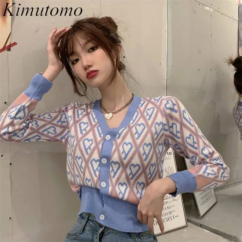 

Kimutomo милый шикарный вязаный кардиган для женщин, новинка осень 2021, контрастный разноцветный Универсальный свитер с V-образным вырезом и одн...