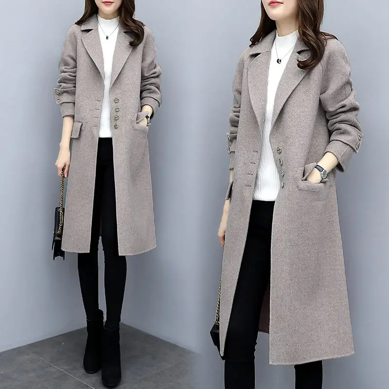 Woolen Coat Women Mid-Length Korean Clothing 2021 Autumn Winter Fashion Hepburn Style Suit Collar Single Breasted Jacket M393