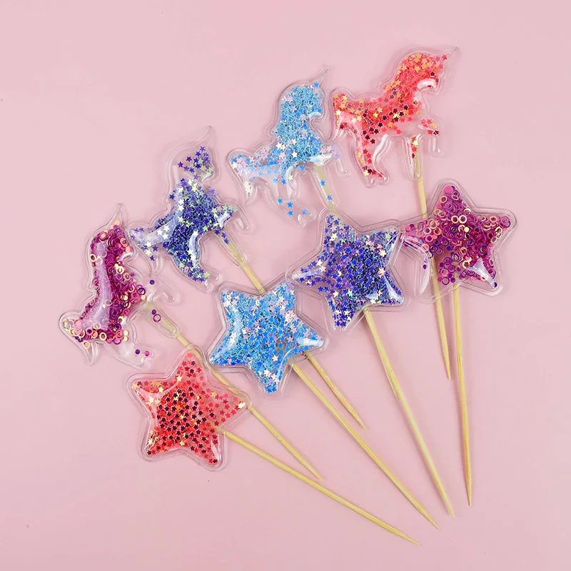 

5pcs Mini Star Unicorn Cupcake Topper Transparent Sequin PVC Cake Topper Shiny Cake Flags Kids Birthday Wedding Party Decoration