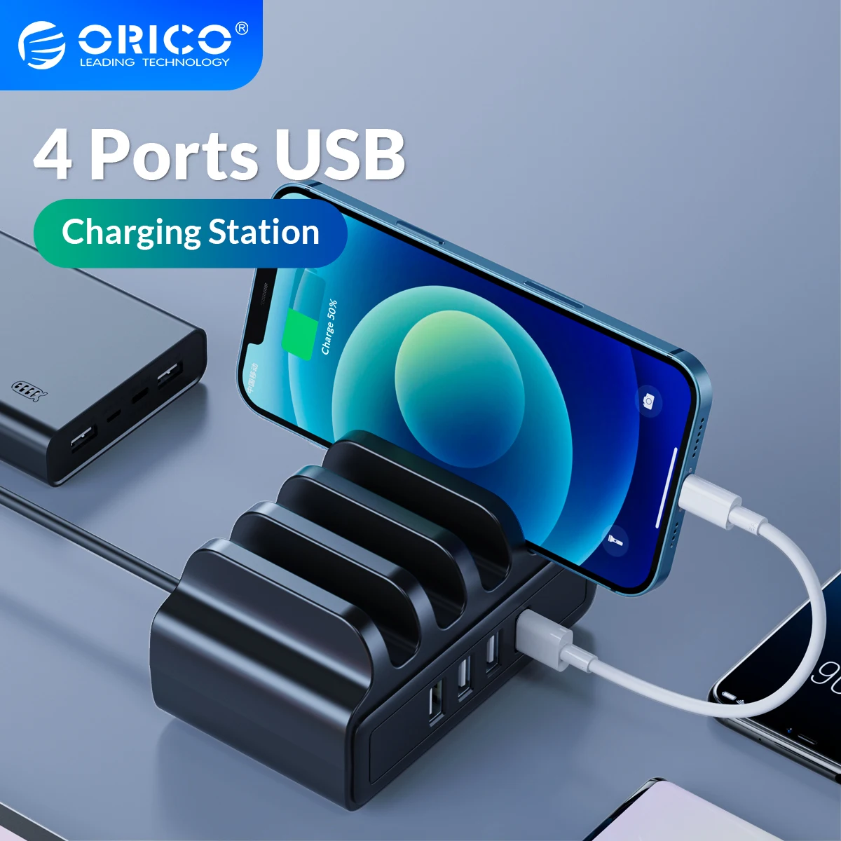 

ORICO 4 Ports USB Charger Charging Station 30W Max with Phone Stand for iPhone Samsung Xiaomi VIVO Cell Phone Earbuds Tablet