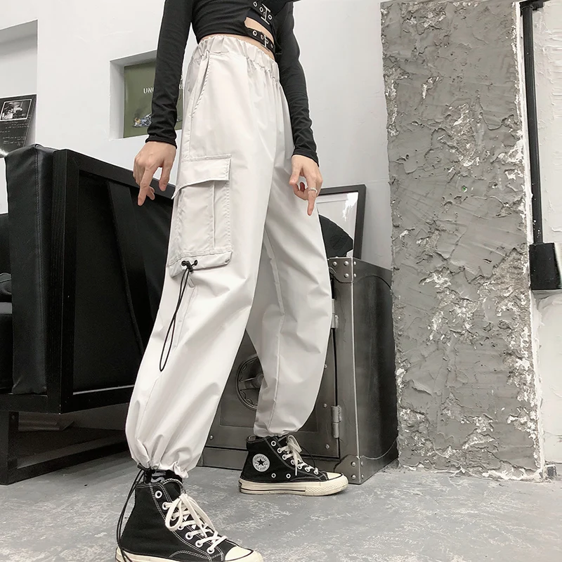 Женские свободные брюки с высокой талией армейские шаровары уличные черные