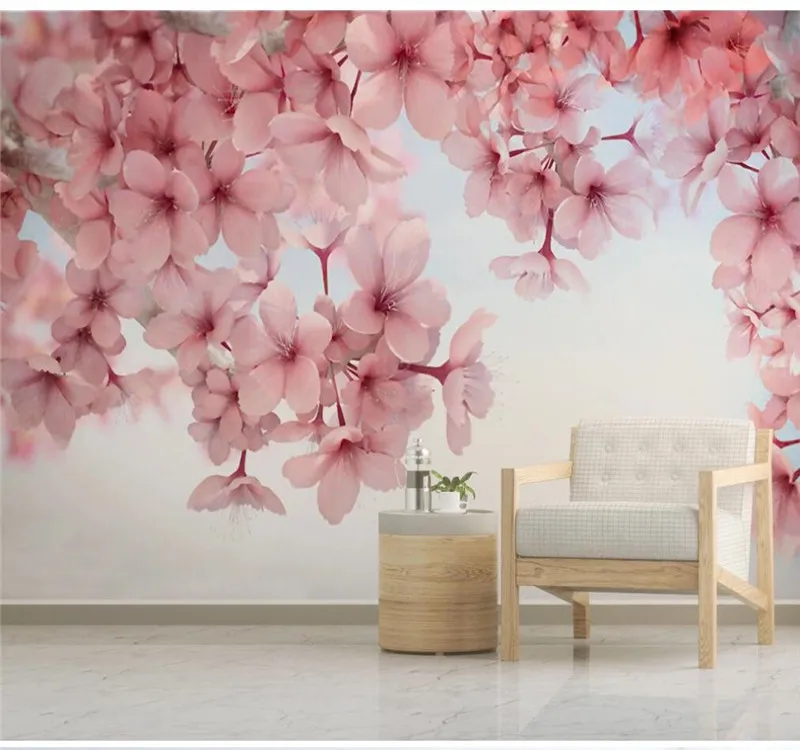 

Custom wallpaper mural modern beautiful cherry blossom pink floral wall decoration painting - waterproof material