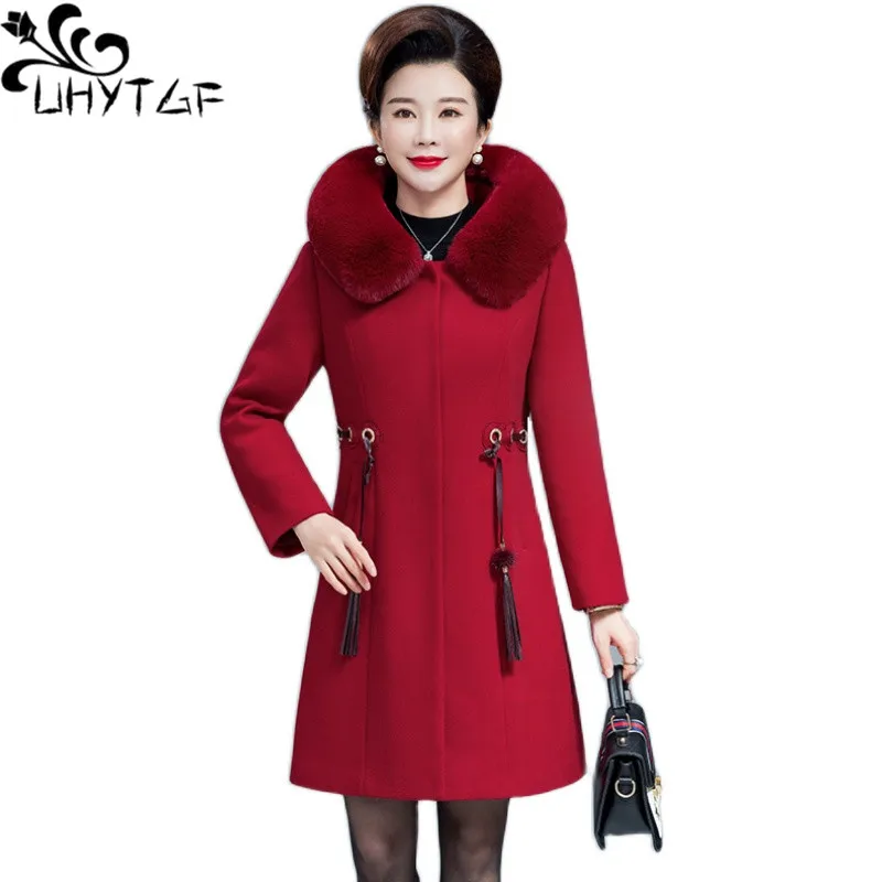 UHYTGF Woman Coat Winter Wool Jacket Fur Collar Hooded Temperament Mother Long Top Quality Cashmere Warm Outerwear Female 4XL960