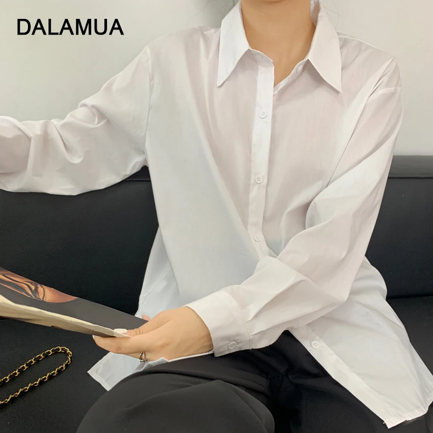 

Женская рубашка с отложным воротником, повседневная однотонная Свободная блузка с длинным рукавом, офисные топы, модные женские рубашки, ос...