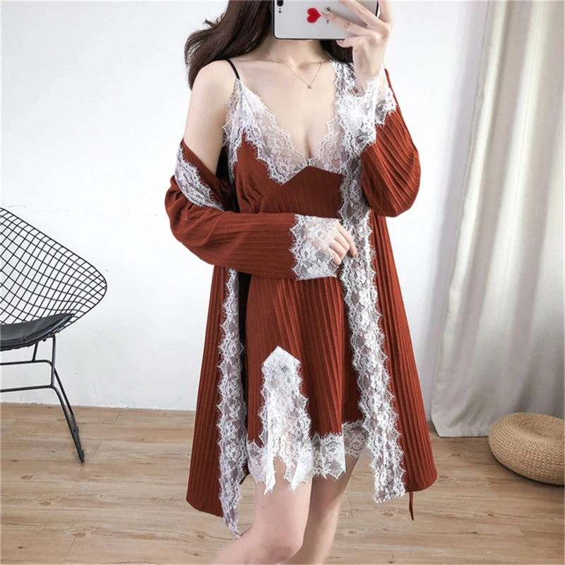 Женский домашний банный халат с кружевами в Корейском стиле на подтяжках