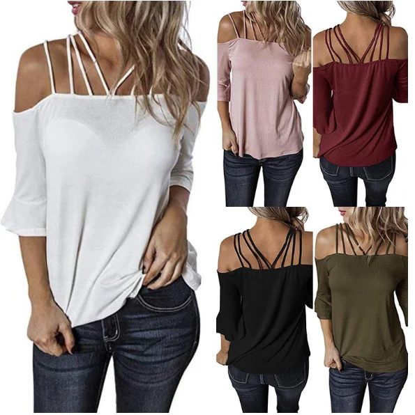 Sexy T-shirt Short Sleeve Loose Women Solid Color Off Shoulder T-shirt for Summer Women's Clothing Tops Blouses
