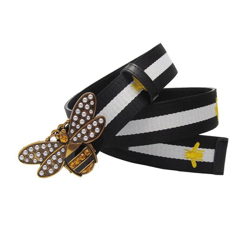 

Western Bee Embroidery Contrast Color Canvas Leather Women Belt Fashion Rhinestone Peal Bee Buckle Lady Belt High quality 2020
