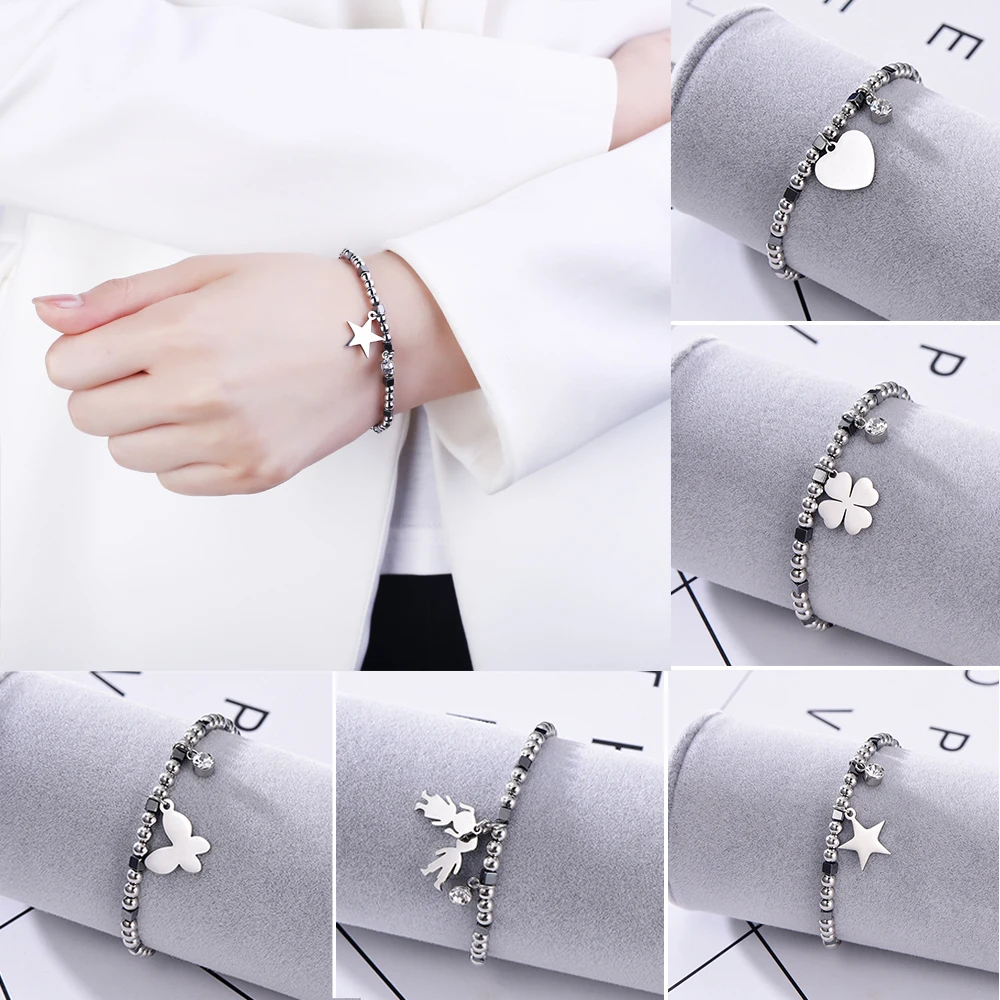 Женский браслет Дерево жизни бабочка Клевер Подвески браслет из нержавеющей стали черный браслет из бисера эластичный браслет ювелирные изделия подарок 2021