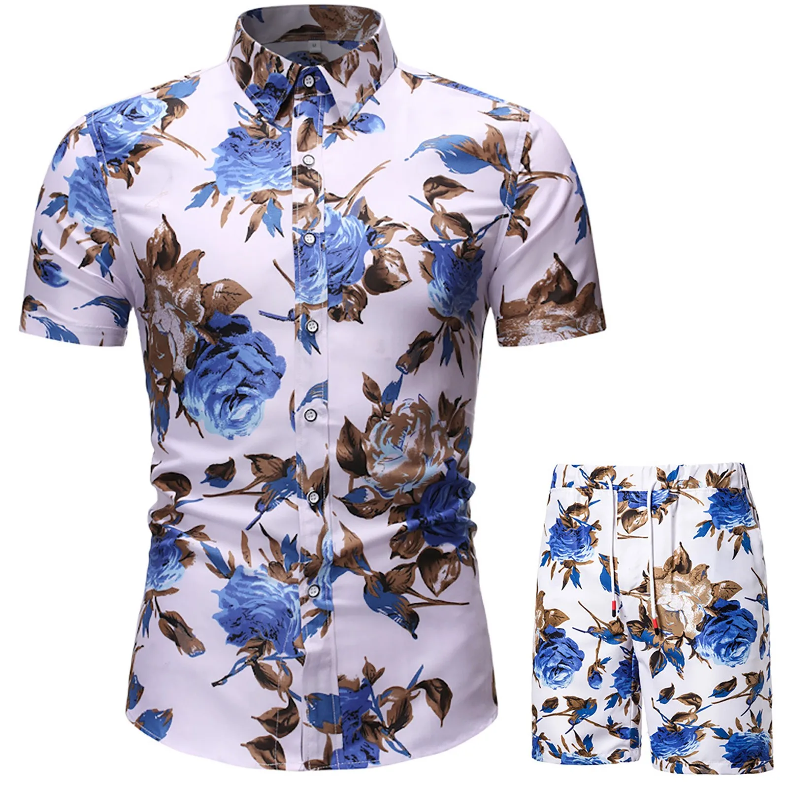 

Men’s Summer 2-Piece Beach Floral Printed Short Sleeve Shirts & Shorts Sets Refreshing Drawstring Shorts Loose Shirts Hombre