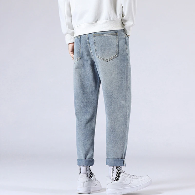 

Dropshipping Autumn Winter Solid Color Jeans Men's Mid-waist Slim Straight Denim Trousers Male Vintage Washed Men Jeans Trousers