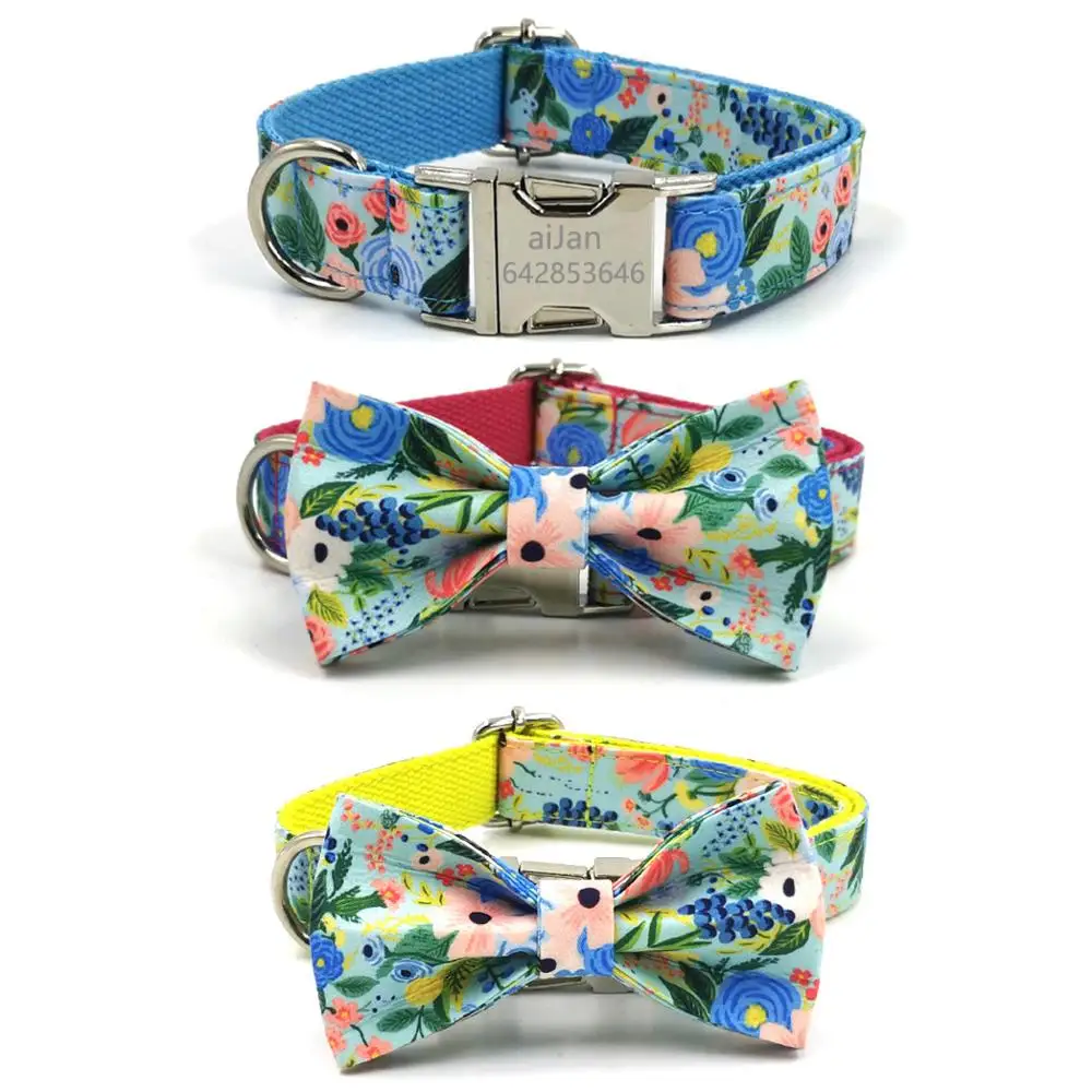 

Engraved Dog Collar Floral Pattern Personalized Custom Nylon Adjustable Puppy Collar for Small Medium Large Dogs Collar Bow-knot