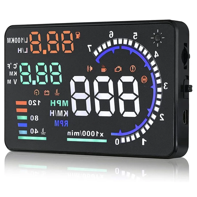 

Автомобильный дисплей A8 OBD2 HUD с индикатором оборотов в минуту, миль/ч Предупреждение о превышении скорости, потреблении топлива, сигнализац...