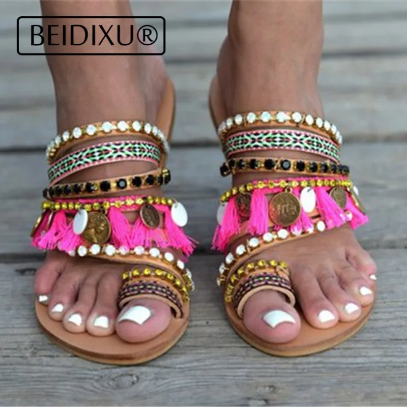 Богемные пляжные сандалии Женская обувь на плоской подошве в этническом стиле