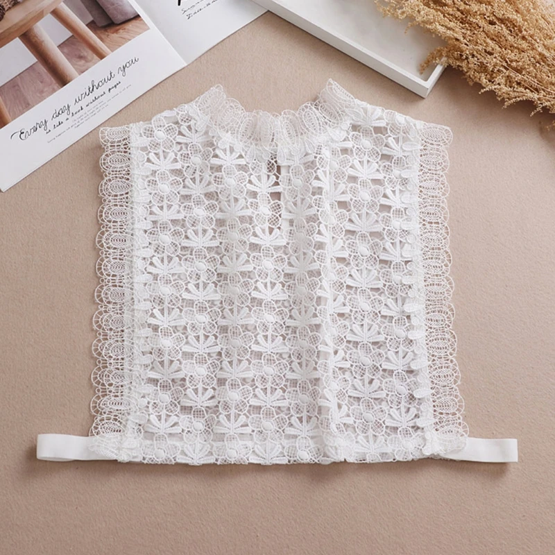 

Women Sweet Ruffled Stand-Up False Fake Collar Hollow Out Floral Lace Detachable Pullover Half Shirt Decorative Dickey