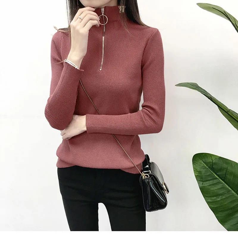 Вязаный свитер джемпер женский на весну и осень новинка базовый молнии с высоким
