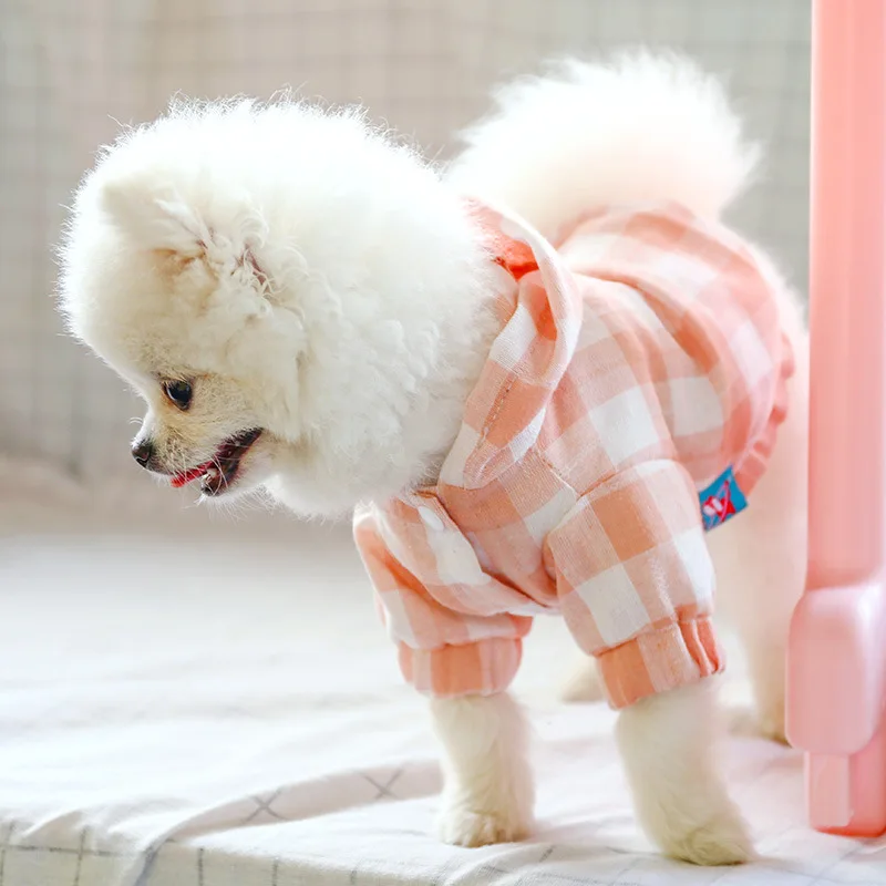 

Cartoon Plaid Casual Dog Clothes Summer Hooded Sun Protection Clothing Insect Bite Blouse Breathable Pomeranian Orange Girl Ropa